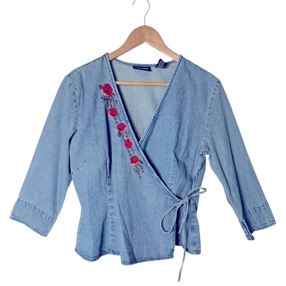EUC: New York & Company Light Blue Denim Wrap Blouse with Red Floral Embroidery
